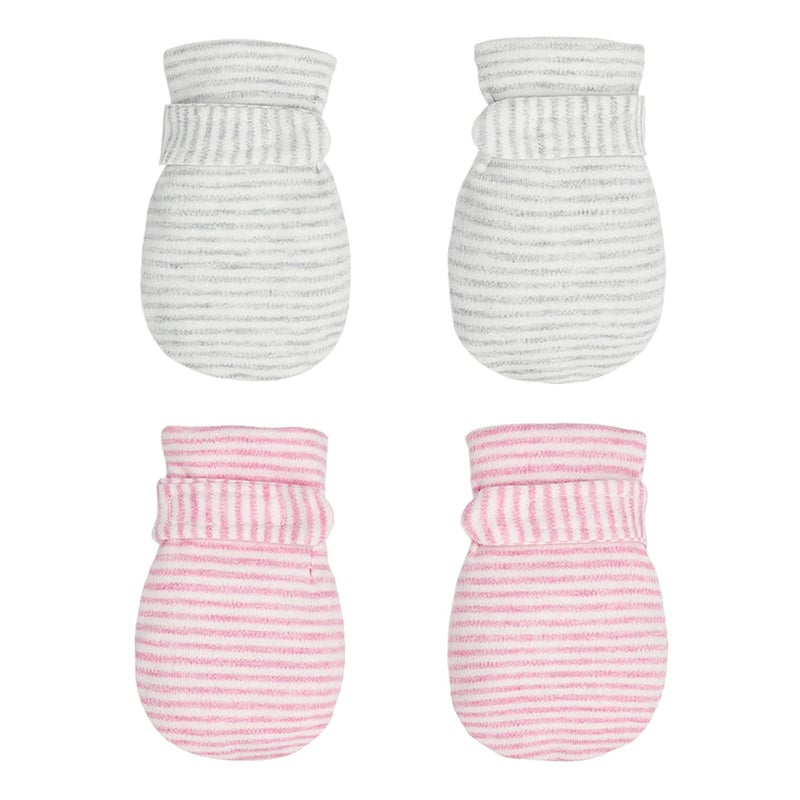 Reyow Newborn Baby No Scratch Mittens Stay On, 100% Cotton Breathable, Adjustable Infant Gloves for Baby Boys Girls Mittens (Pink/Gary Stripe, 0-3 Months) - Image 1